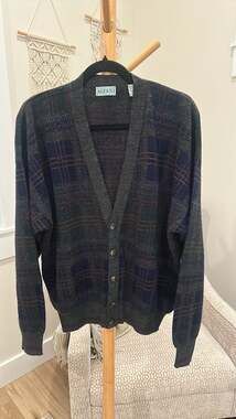 Alfani Vintage Made in Italy Wool Blend Plaid Cardigan Sweater Size M